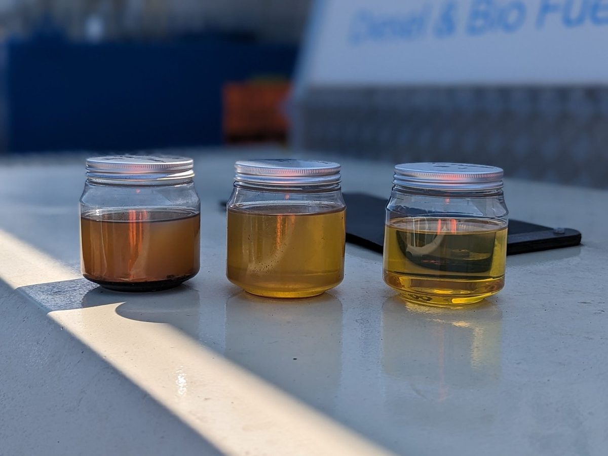Contaminated fuel sample alongside a polished sample